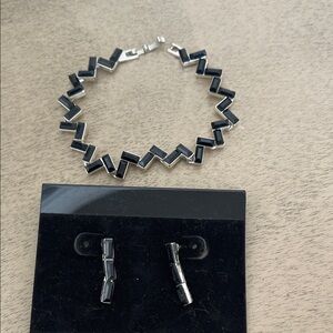 Black and Silver Geometric Bracelet and Earrings Set